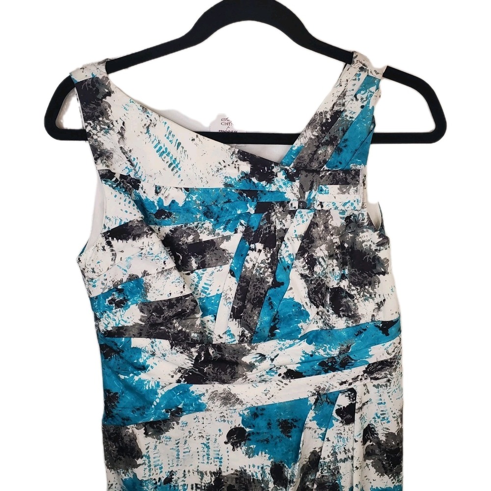 Suzi‎ Chin Turquoise White Black Abstract Dress Asymmetrical Neck Sz 8P 8 Petite